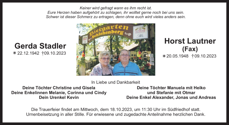  Traueranzeige für GerdaHorst LautnerStadler vom 14.10.2023 aus Nordbayerischer Kurier