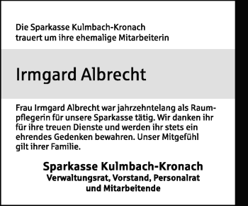 Anzeige von Irmgard Albrecht von Nordbayerischer Kurier