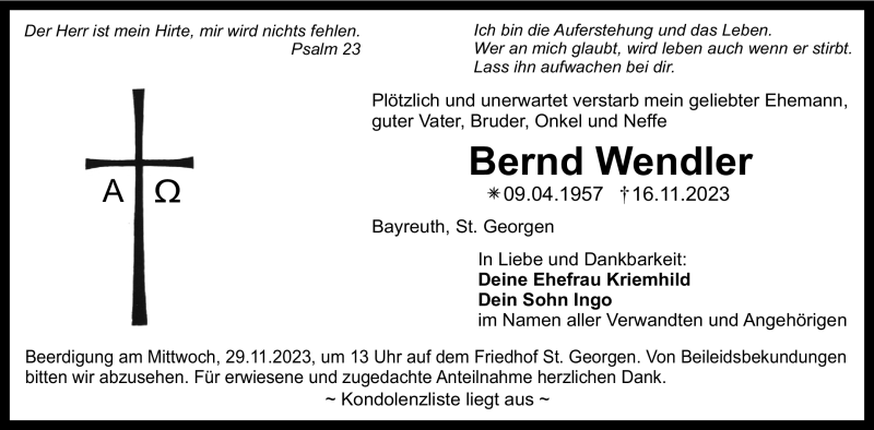  Traueranzeige für Bernd Wendler vom 27.11.2023 aus Nordbayerischer Kurier