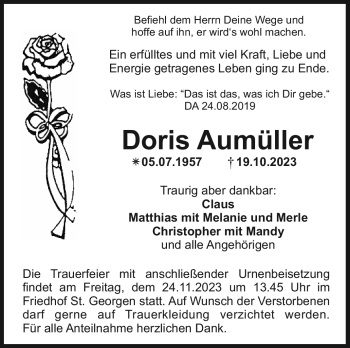 Anzeige von Doris Aumüller von Nordbayerischer Kurier