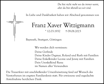 Anzeige von Franz Xaver Witzigmann von Nordbayerischer Kurier