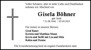 Anzeige von Gisela Böhner von Nordbayerischer Kurier