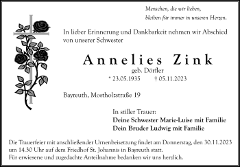 Anzeige von Annelies Zink von Nordbayerischer Kurier