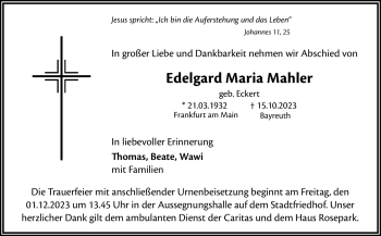 Anzeige von Edelgard Maria Mahler von Nordbayerischer Kurier