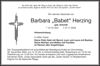 Anzeige von Barbara Herzing von Nordbayerischer Kurier