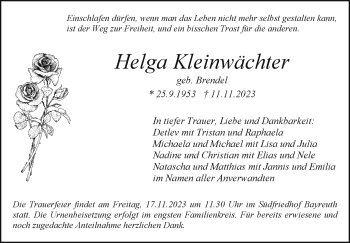 Anzeige von Helga Kleinwächter von Nordbayerischer Kurier