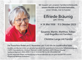 Anzeige von Elfriede Bräunig von Nordbayerischer Kurier