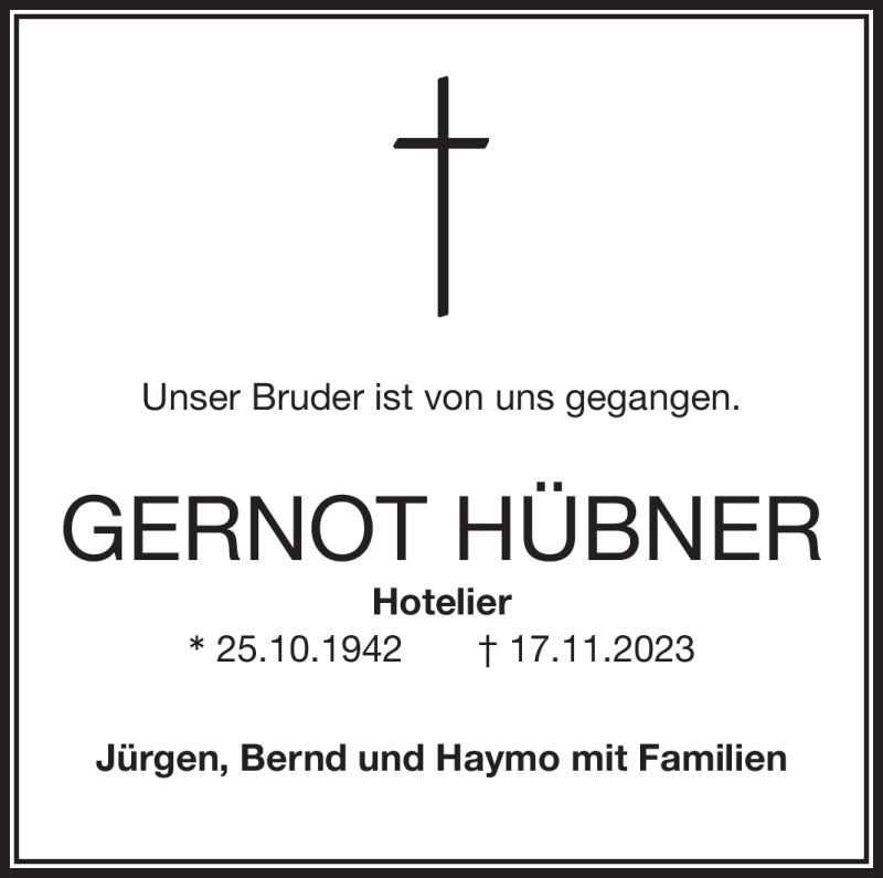  Traueranzeige für Gernot Hübner vom 24.11.2023 aus Nordbayerischer Kurier