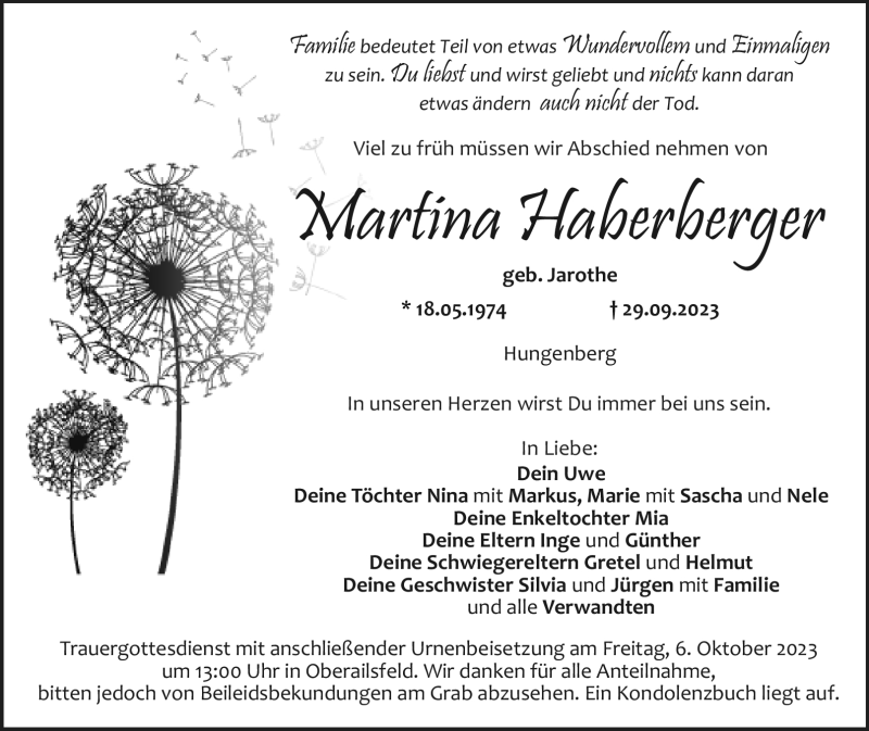  Traueranzeige für Martina Haberberger vom 04.10.2023 aus Nordbayerischer Kurier