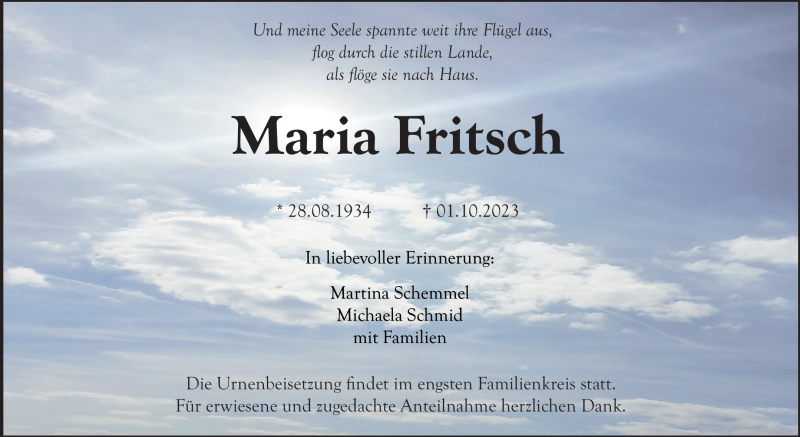  Traueranzeige für Maria Fritsch vom 14.10.2023 aus Nordbayerischer Kurier