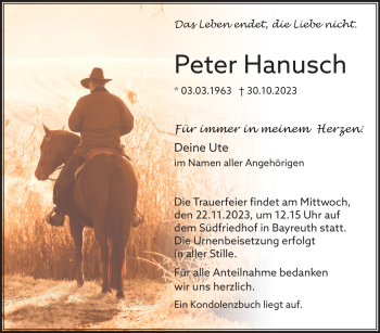 Anzeige von Peter Hanusch von Nordbayerischer Kurier