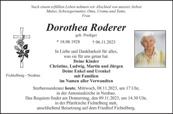 Anzeige von Dorothea Roderer von Nordbayerischer Kurier