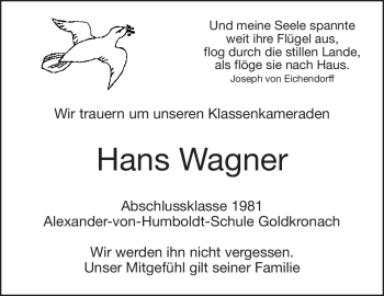 Anzeige von Hans Wagner von Nordbayerischer Kurier