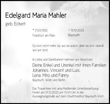 Anzeige von Edelgard Mahler von Nordbayerischer Kurier