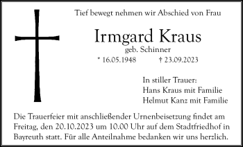 Anzeige von Irmgard Kraus von Nordbayerischer Kurier