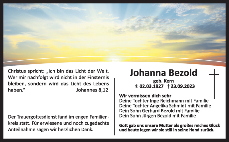  Traueranzeige für Johanna Bezold vom 30.09.2023 aus Nordbayerischer Kurier