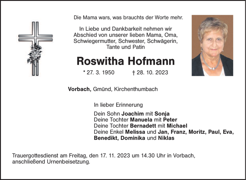 Traueranzeigen von Roswitha Hofmann | Nordbayerischer Kurier