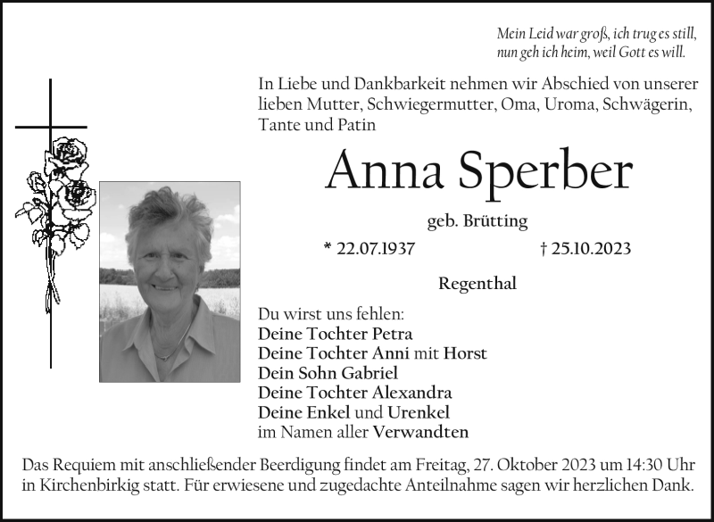  Traueranzeige für Anna Sperber vom 26.10.2023 aus Nordbayerischer Kurier