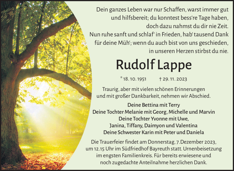  Traueranzeige für Rudolf Lappe vom 02.12.2023 aus Nordbayerischer Kurier