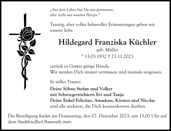 Anzeige von Hildegard Franziska Küchler von Nordbayerischer Kurier