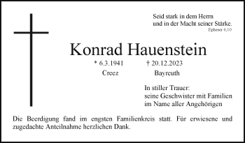 Anzeige von Konrad Hauenstein von Nordbayerischer Kurier