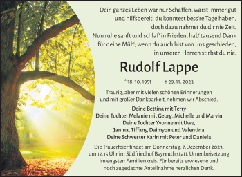 Anzeige von Rudolf Lappe von Nordbayerischer Kurier