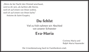 Anzeige von Eva-Maria Haseneder von Nordbayerischer Kurier