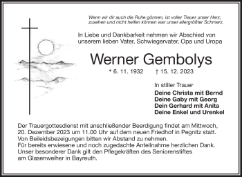 Anzeige von Werner Gemblys von Nordbayerischer Kurier