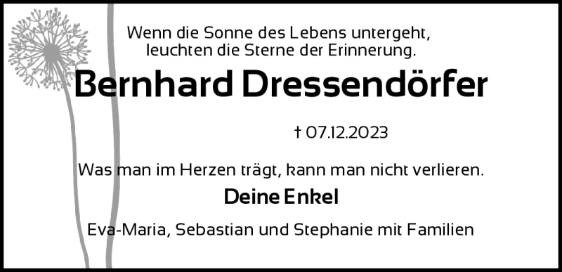  Traueranzeige für Bernhard Dressendörfer vom 14.12.2023 aus Nordbayerischer Kurier