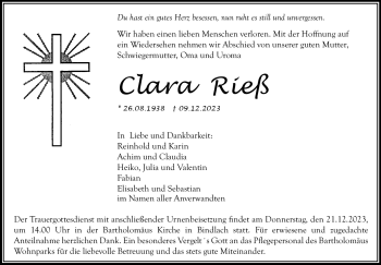 Anzeige von Clara Rieß von Nordbayerischer Kurier