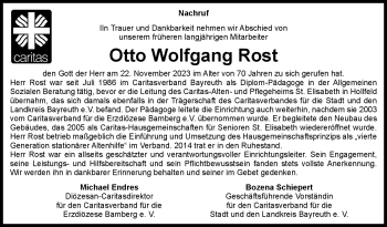 Anzeige von Otto Wolfgang Rost von Nordbayerischer Kurier