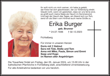 Anzeige von Erika Burger von Nordbayerischer Kurier