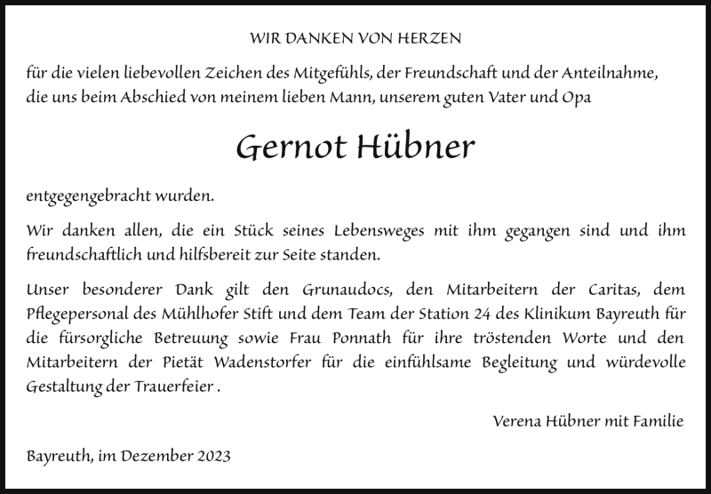  Traueranzeige für Gernot Hübner vom 09.12.2023 aus Nordbayerischer Kurier