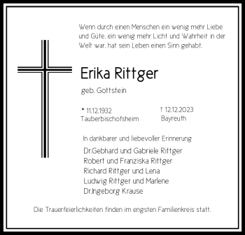 Anzeige von Erika Rittger von Nordbayerischer Kurier