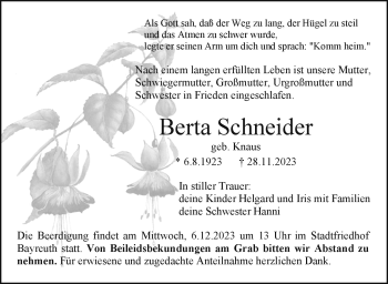 Anzeige von Berta Schneider von Nordbayerischer Kurier