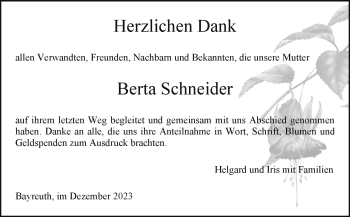 Anzeige von Berta Schneider von Nordbayerischer Kurier