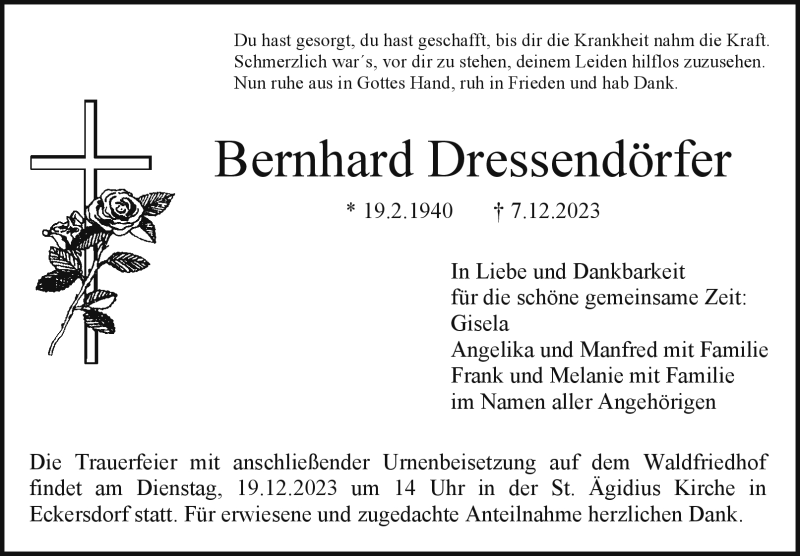  Traueranzeige für Bernhard Dressendörfer vom 16.12.2023 aus Nordbayerischer Kurier