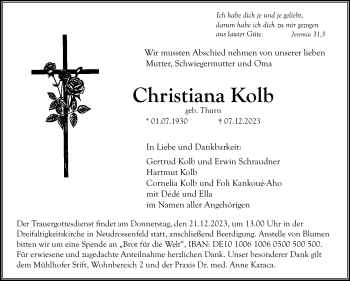 Anzeige von Christiana Kolb von Nordbayerischer Kurier