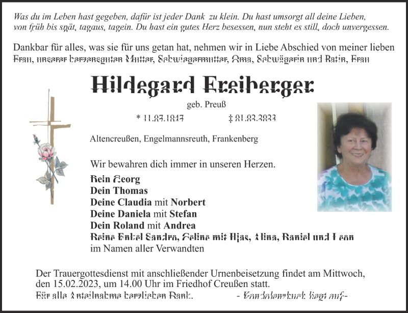  Traueranzeige für Hildegard Freiberger vom 11.02.2023 aus Nordbayerischer Kurier
