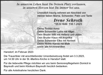 Anzeige von Irene Schroth von Nordbayerischer Kurier