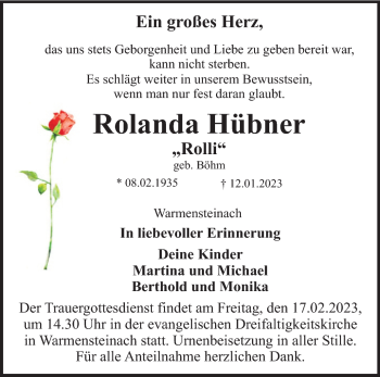 Anzeige von Rolanda Hübner von Nordbayerischer Kurier