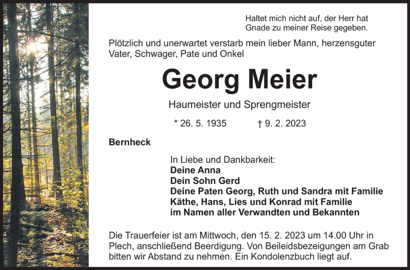  Traueranzeige für Georg Meister vom 11.02.2023 aus Nordbayerischer Kurier