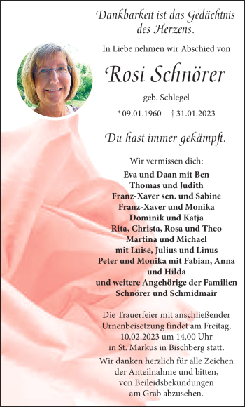 Anzeige von Rosi Schnörer von Nordbayerischer Kurier