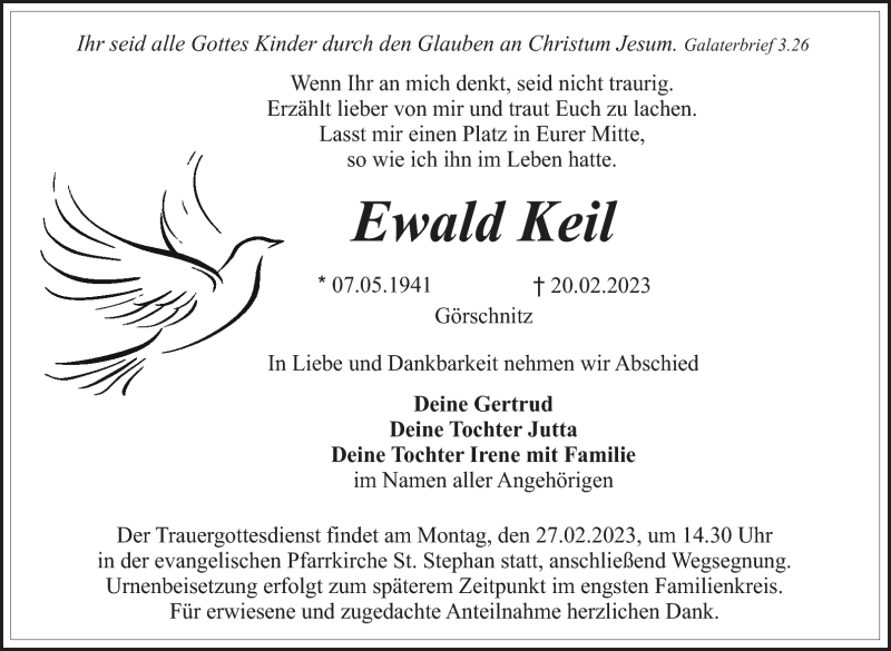  Traueranzeige für Ewald Keil vom 25.02.2023 aus Nordbayerischer Kurier