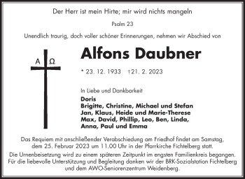 Anzeige von Alfons Daubner von Nordbayerischer Kurier