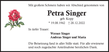 Anzeige von Petra Singer von Nordbayerischer Kurier