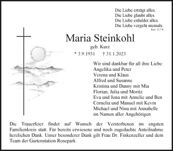 Anzeige von Maria Steinkohl von Nordbayerischer Kurier