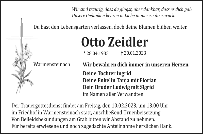  Traueranzeige für Otto Zeidler vom 08.02.2023 aus Nordbayerischer Kurier