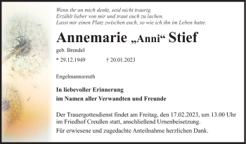 Anzeige von Annemarie Stief von Nordbayerischer Kurier