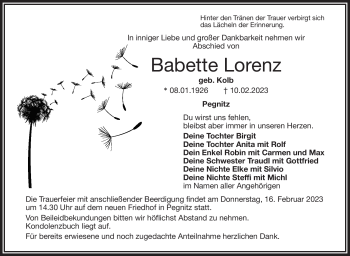Anzeige von Babette Lorenz von Nordbayerischer Kurier
